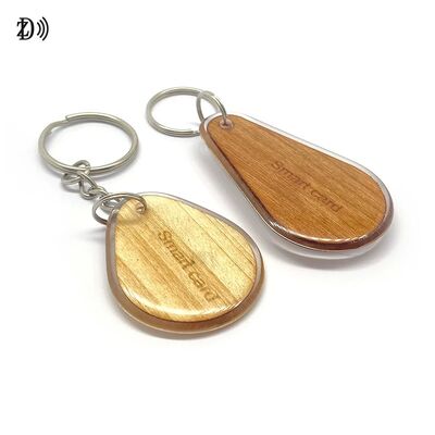 Custom Printed Wooden Key Chain with Waterproof Full Epoxy Wood Keyfob 13.56MHz RFID NFC Communication for Access Control